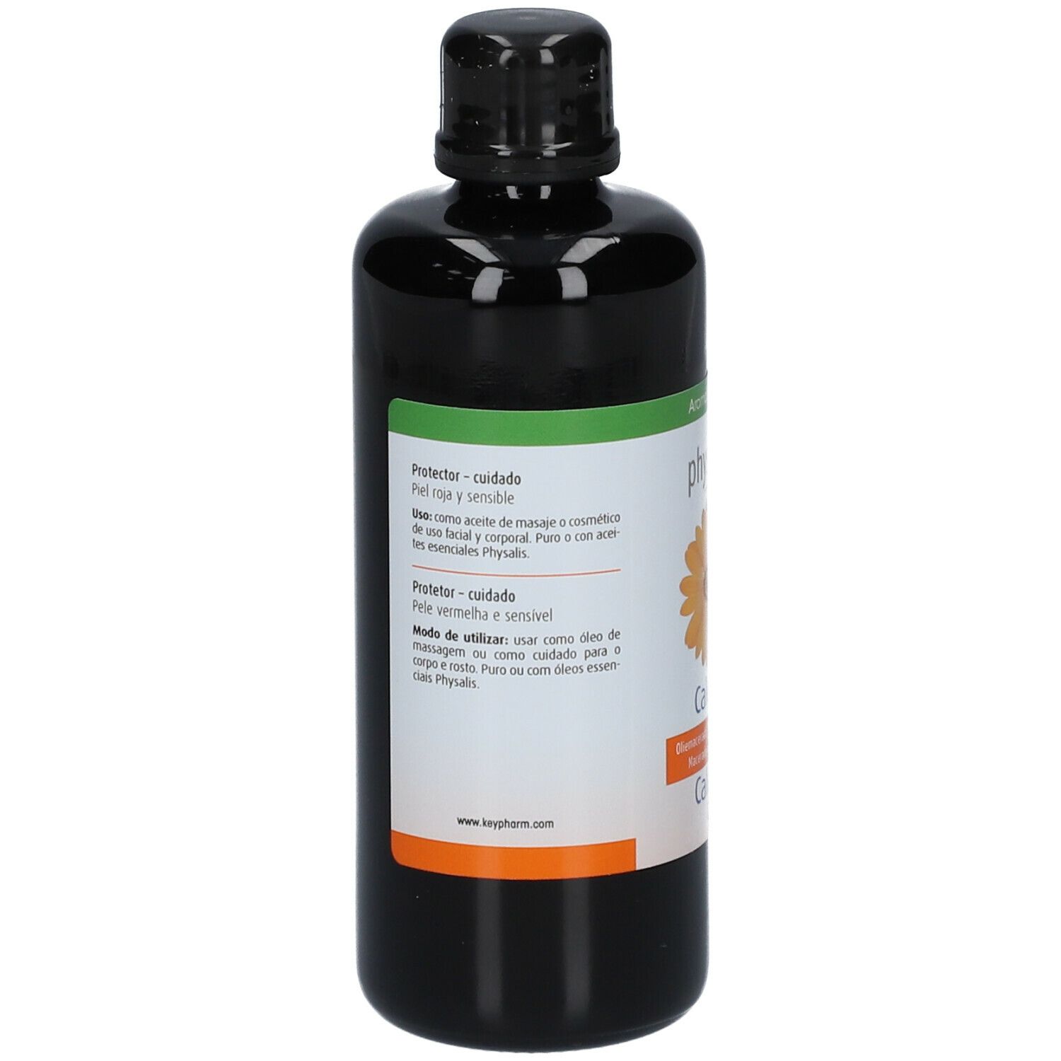 Rückseite einer schwarzen Flasche mit Etikett. Text in mehreren Sprachen. Auf dem Etikett: Informationen zur Anwendung und Inhaltsstoffe.