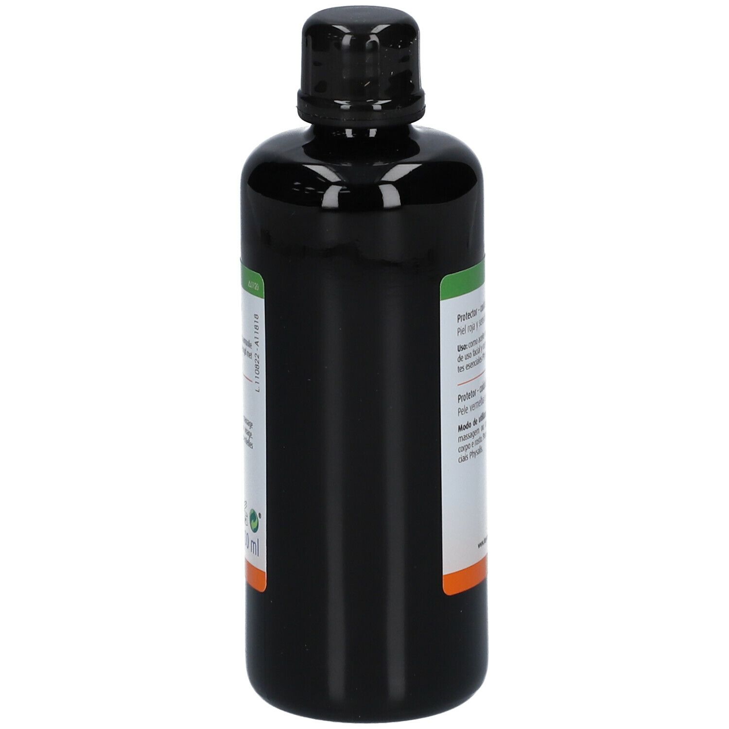 Seitenansicht einer schwarzen Flasche mit Etikett. Text in mehreren Sprachen. Auf dem Etikett: Informationen zum Produkt.