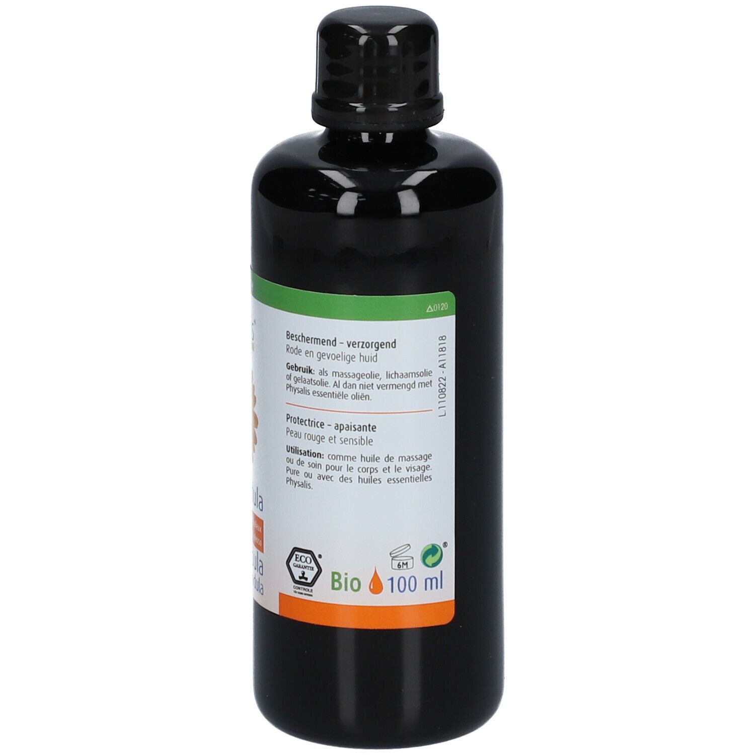 Rückseite einer schwarzen Flasche mit Etikett. Auf dem Etikett: Text in mehreren Sprachen, Bio-Zertifizierung, 100 ml.