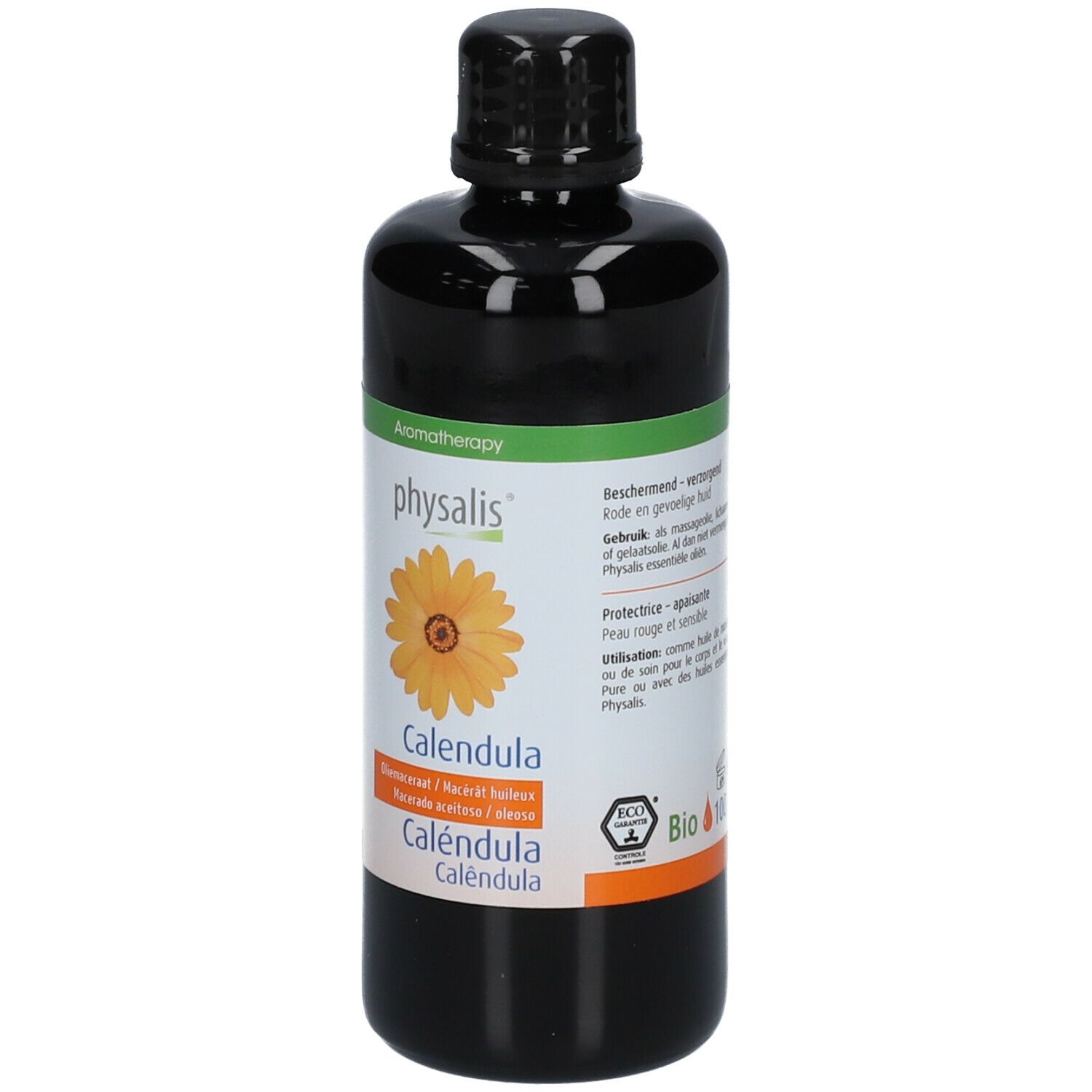 Schwarze Flasche mit Etikett. Auf dem Etikett: physalis® Calendula, Illustration einer Ringelblume, Text in mehreren Sprachen, Bio-Siegel.