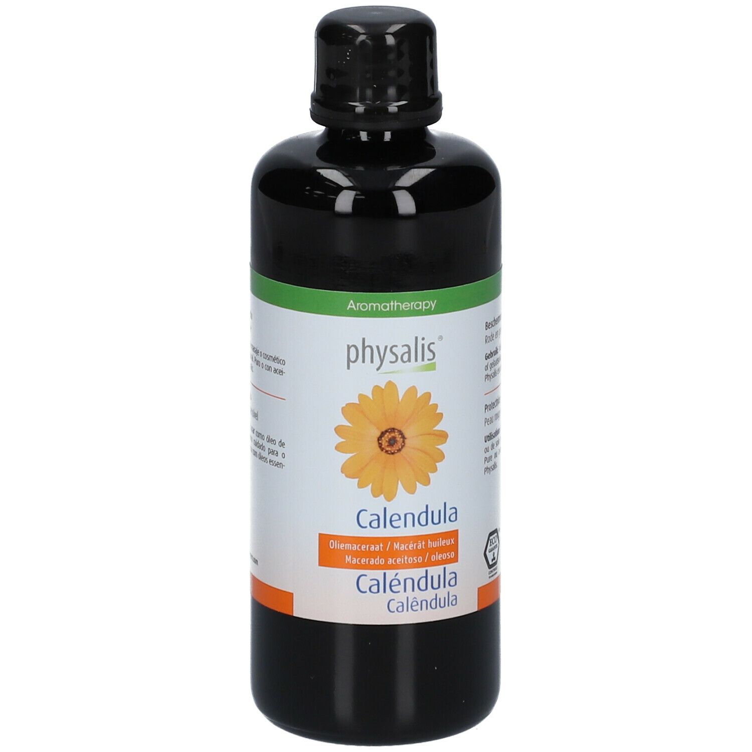 Schwarze Flasche mit Etikett. Auf dem Etikett: physalis® Calendula, Illustration einer Ringelblume, Text in mehreren Sprachen.
