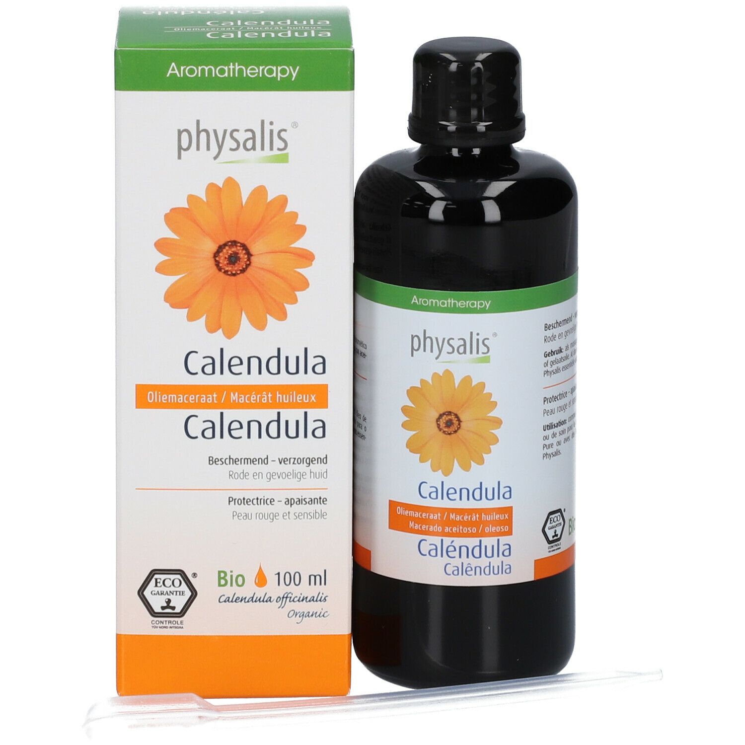 Produktverpackung mit Flasche und Karton. Auf dem Karton: physalis® Calendula, Illustration einer Ringelblume, Text in mehreren Sprachen.