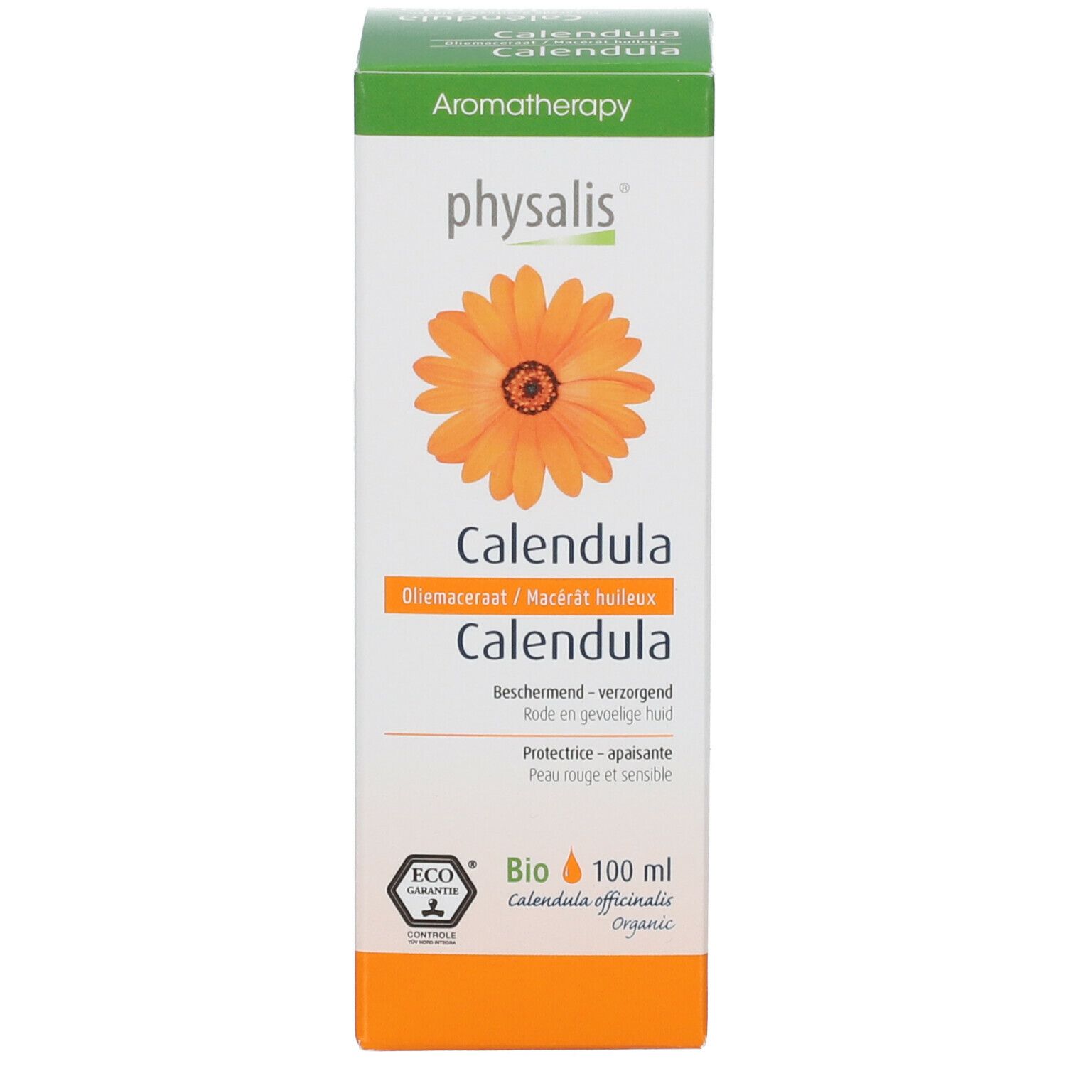 Produktverpackung. Auf der Verpackung: physalis® Calendula, Illustration einer Ringelblume, Text in mehreren Sprachen, Bio-Siegel, 100 ml.