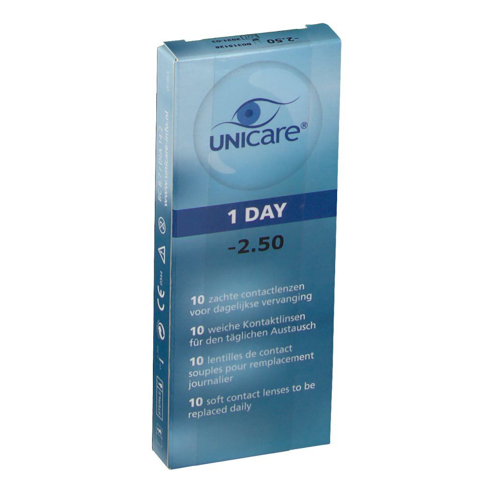 Doosje unicare® contactlenzen, 1 DAY -2.50. Bevat 10 zachte contactlenzen.