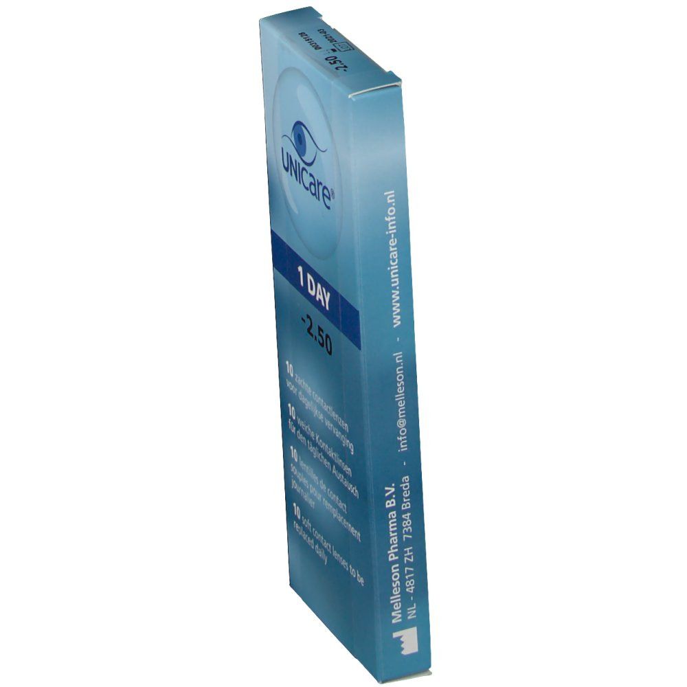 Zijaanzicht van een doosje unicare® contactlenzen, 1 DAY -2.50. Websiteadres.