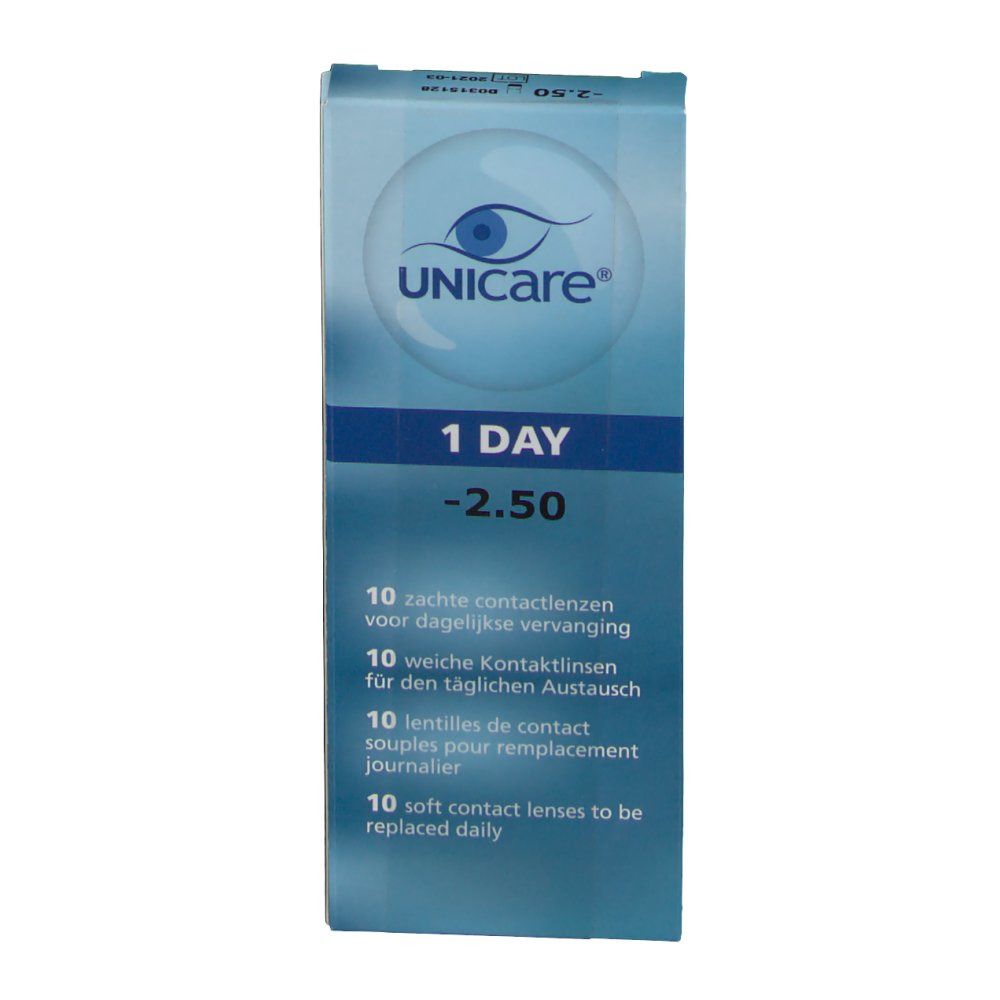 Doosje unicare® contactlenzen, 1 DAY -2.50. Bevat 10 zachte contactlenzen.