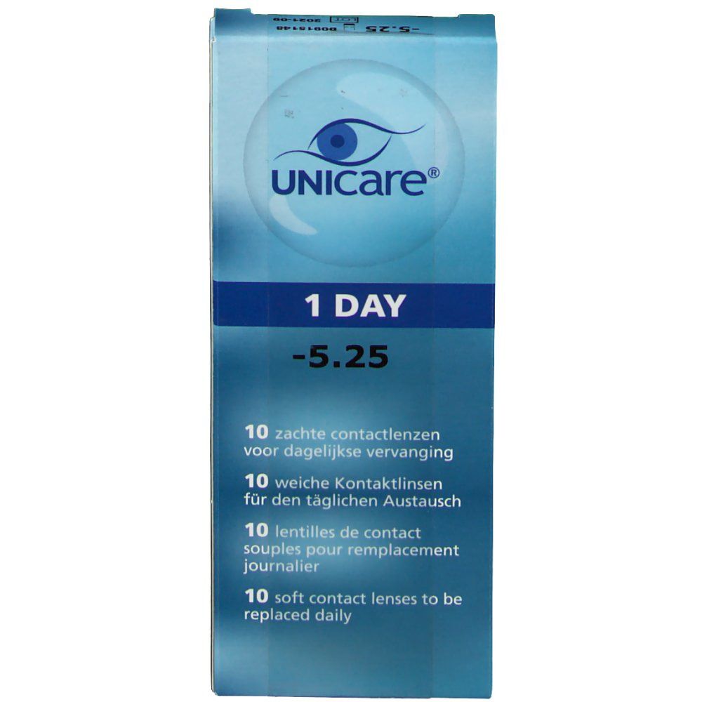 Verpakking van Unicare daglenzen -5.25. Blauwe doos met productnaam, sterkte en aantal lenzen.