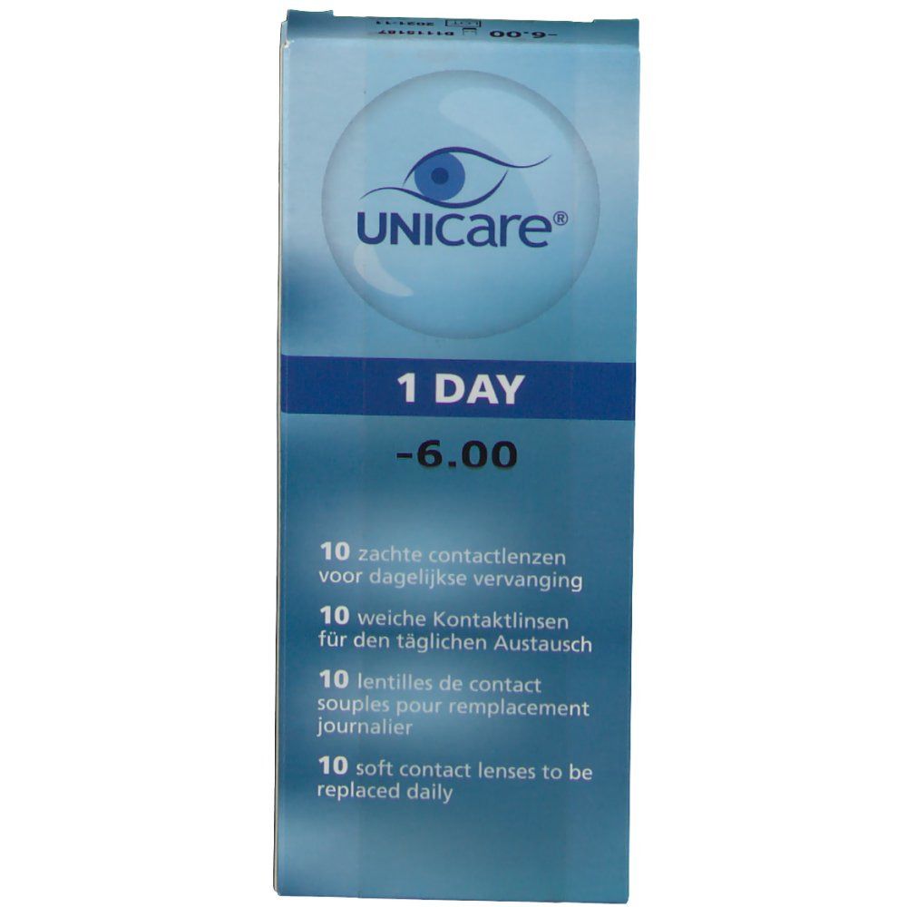Verpakking van unicare® contactlenzen. Blauwe doos met productinformatie en "1 DAY -6.00".