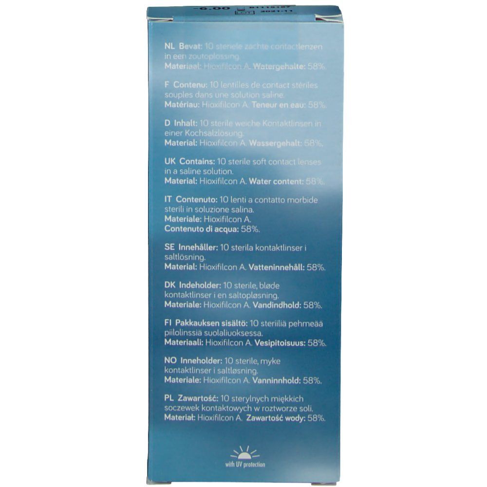 Achterkant van de unicare® contactlenzenverpakking. Meertalige informatie over inhoud en materiaal.