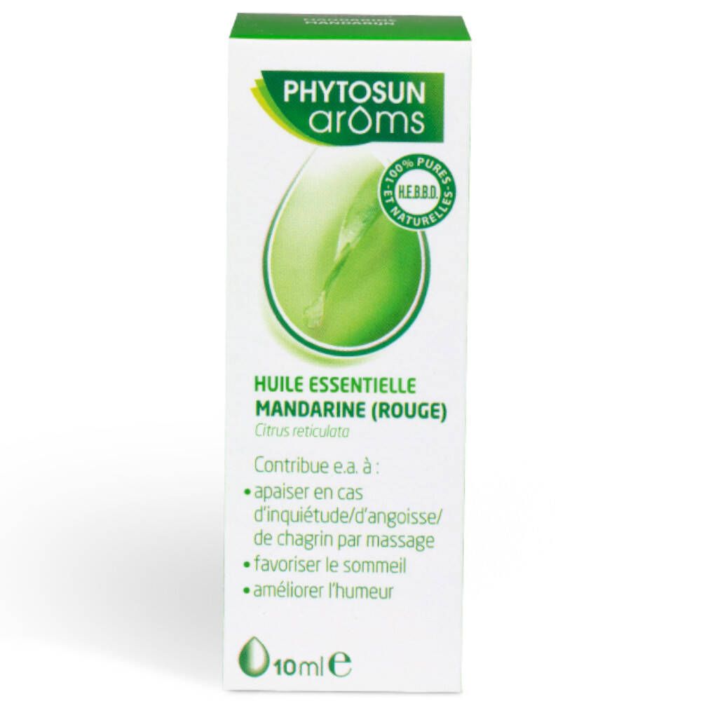 Boîte avec informations produit. Inscription: Phytosun arôms, Huile essentielle Mandarine (Rouge).
