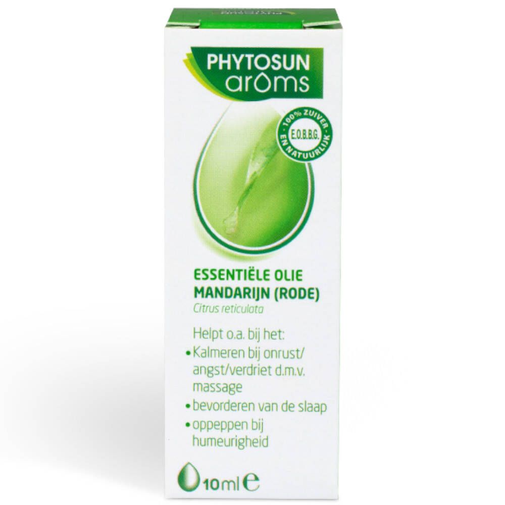 Boîte avec informations produit. Inscription: Phytosun arôms, Huile essentielle Mandarine (Rouge).