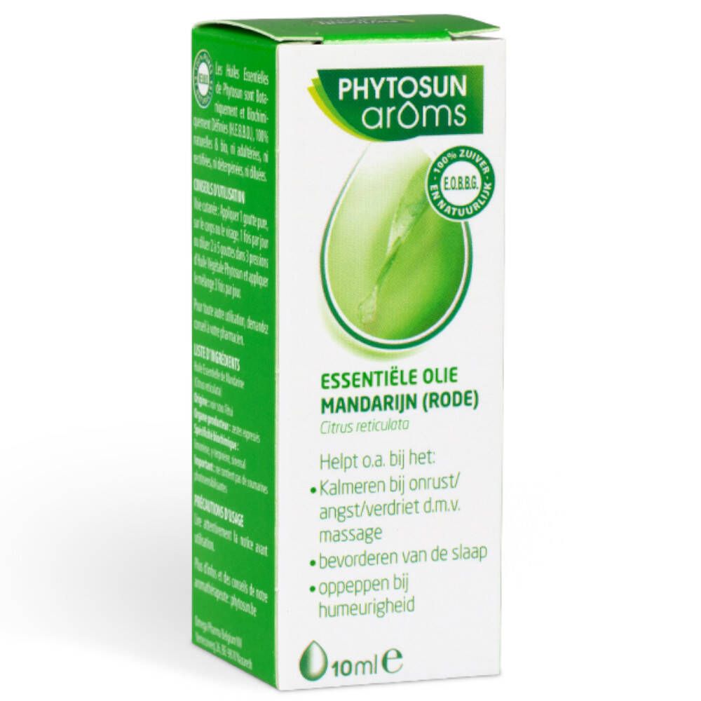 Boîte avec informations produit. Inscription: Phytosun arôms, Huile essentielle Mandarine (Rouge).