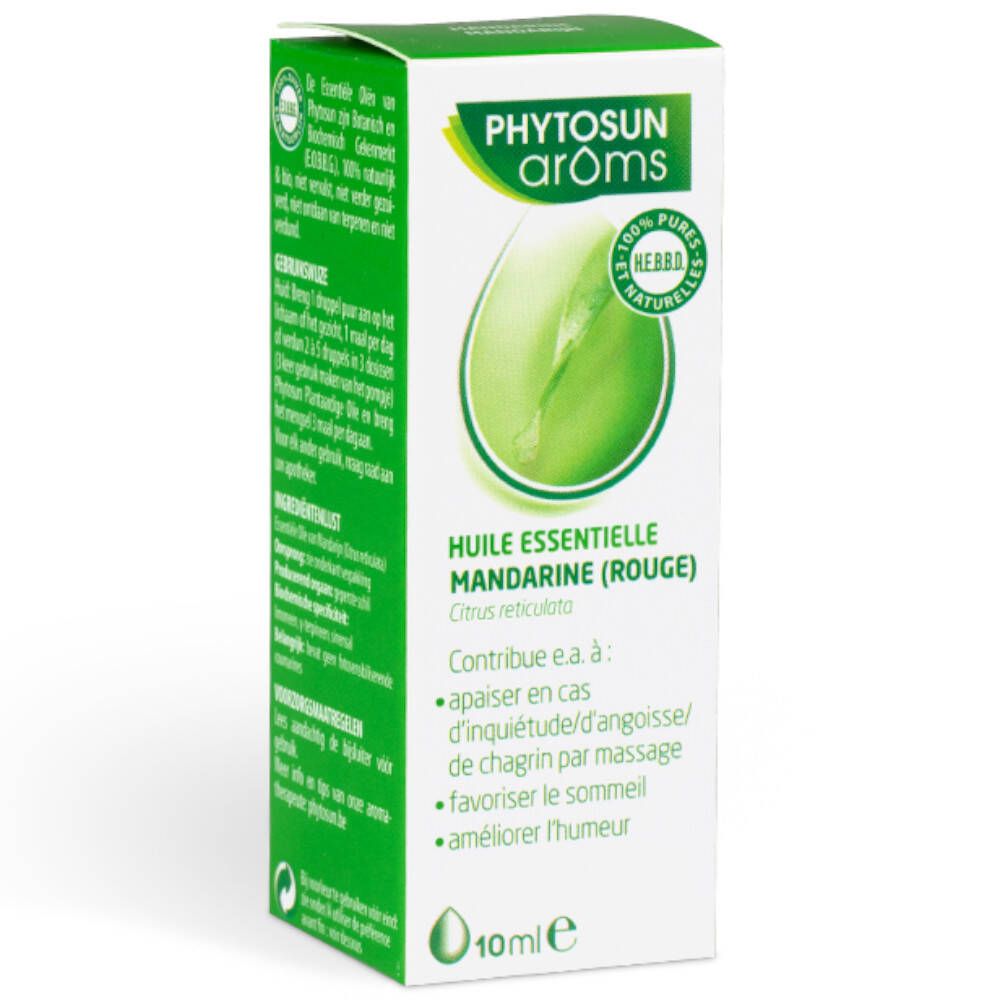 Boîte avec informations produit. Inscription: Phytosun arôms, Huile essentielle Mandarine (Rouge).