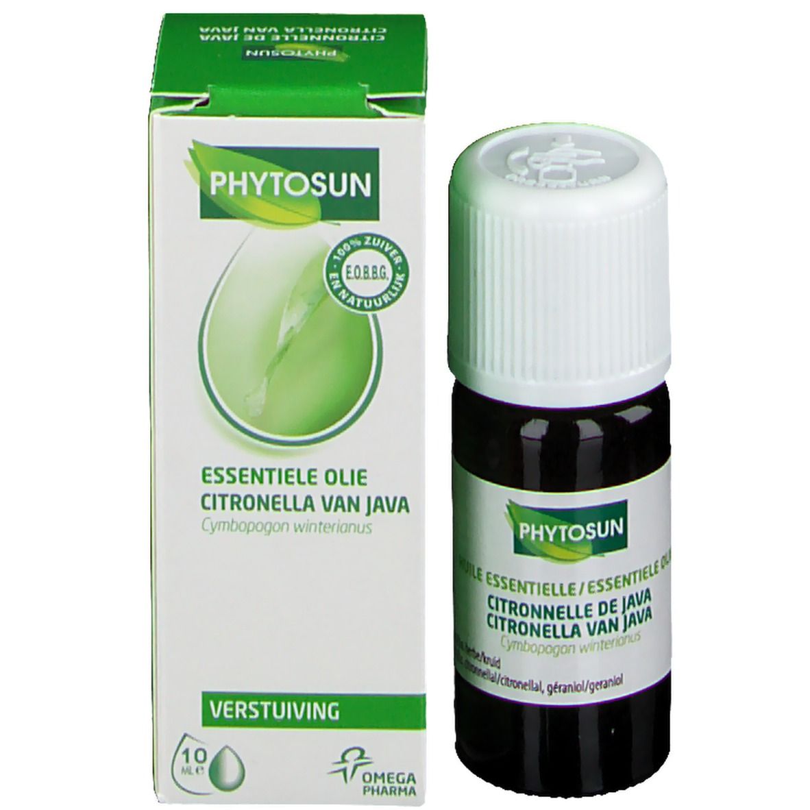 Flacon et emballage. Flacon brun, bouchon blanc. Emballage vert et blanc.