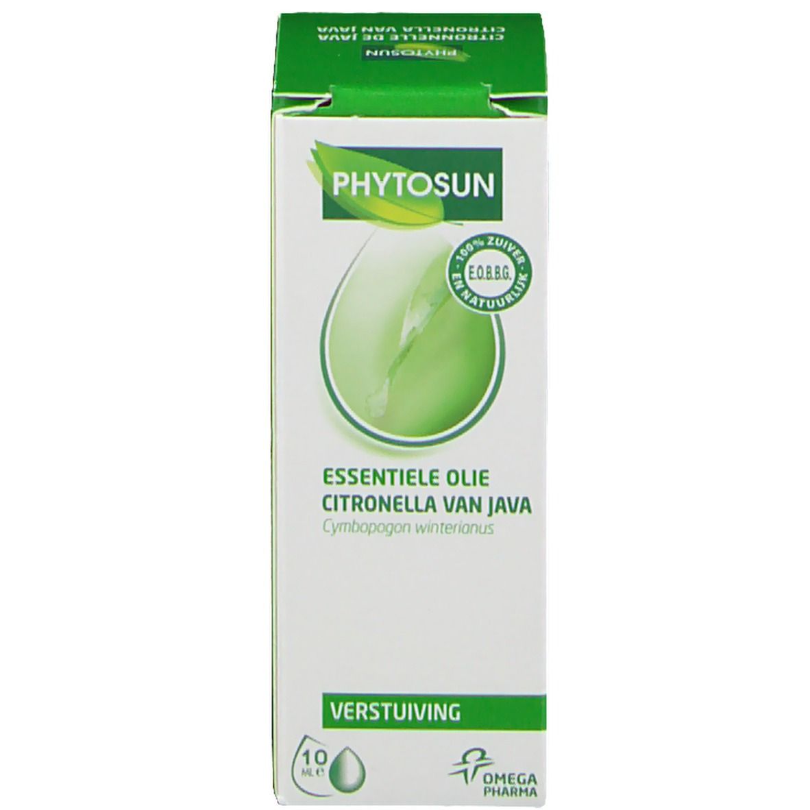 Emballage produit vert et blanc. Texte et logo sur le devant.