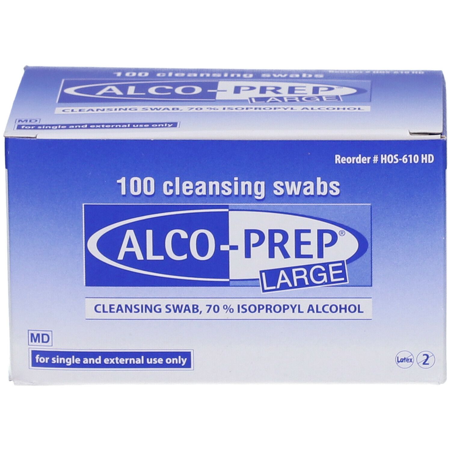 ALCO-PREP® Large doos. 100 reinigingstips. 70% isopropylalcohol. Voor uitwendig gebruik. Latex symbool.