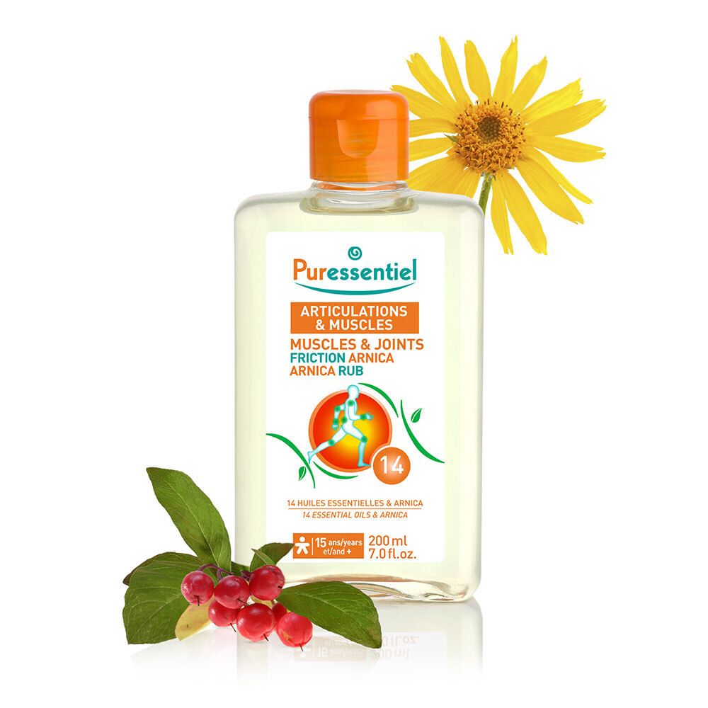Flasche mit Produkt, gelbliche Flüssigkeit. Aufschrift: Articulations & Muscles, Friction Arnica. Mit Blume und Beeren.