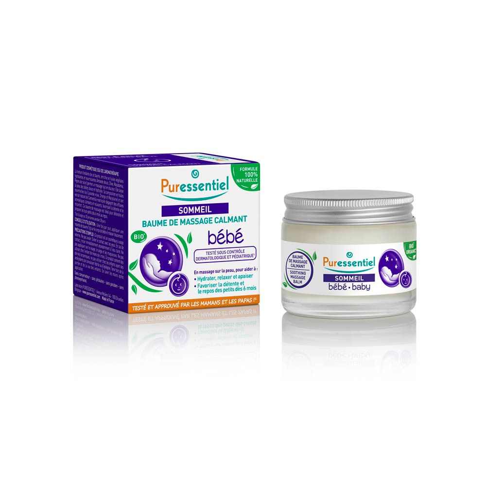 Pot et boîte de Baume de massage calmant bébé Puressentiel. Inscription : Sommeil. Certifié bio.