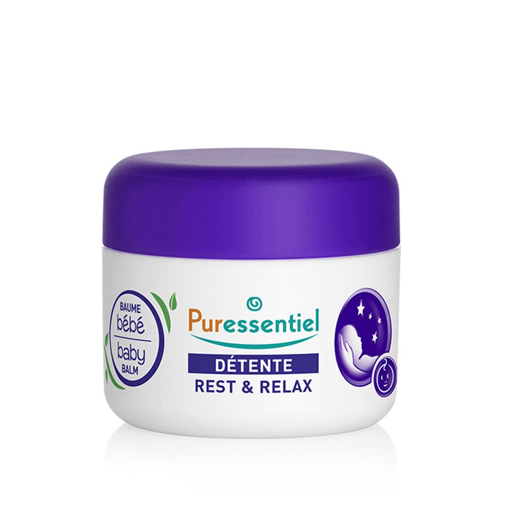Pot blanc, couvercle violet. Inscription : Puressentiel Détente Rest & Relax. Baume bébé.