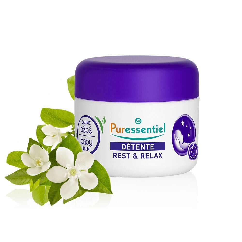 Pot blanc, couvercle violet. Puressentiel Détente Rest & Relax. Baume bébé. Fleurs blanches.