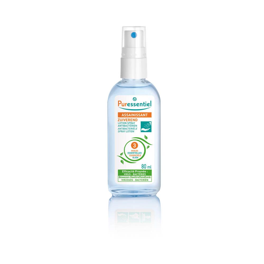 Blauwe fles met verstuiver. Opschrift: Puressentiel, Assainissant, Zuiverend. 80 ml.