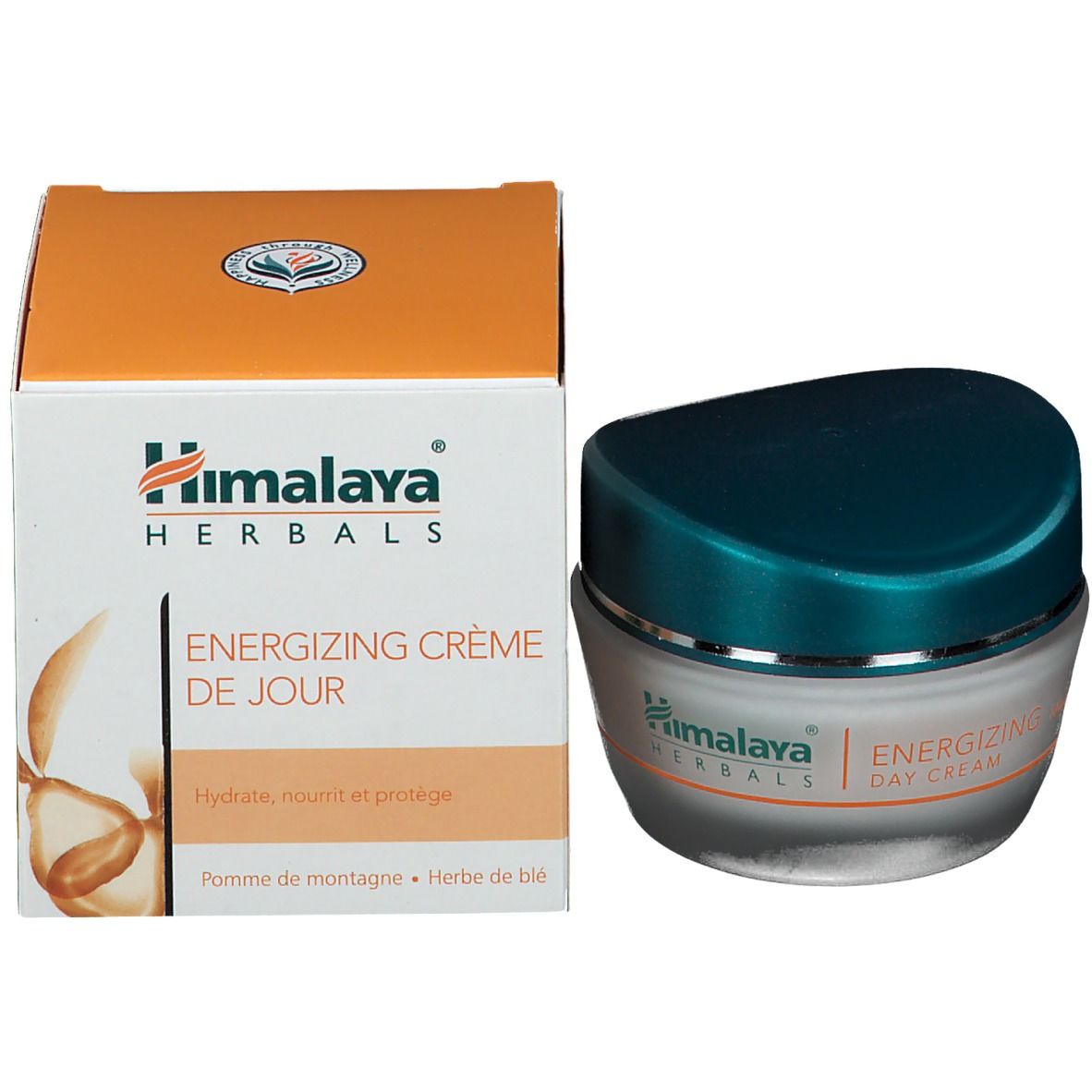 Creme-Tiegel und Verpackung. Aufschrift: Himalaya Herbals, Energizing Crème de Jour.