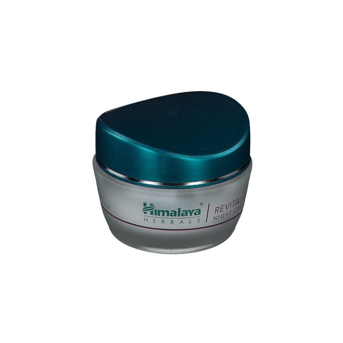 Crèmepot met blauw deksel. Opschrift: Himalaya Herbals Revitalizing Night Cream.