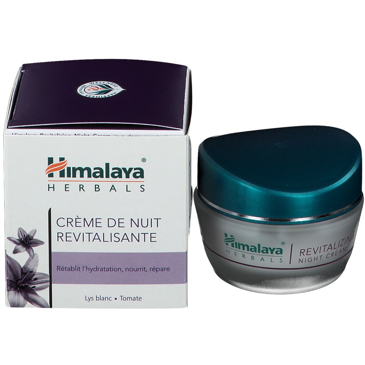 Crèmepot en doos. Opschrift: Himalaya Herbals Crème de Nuit Revitalisante.