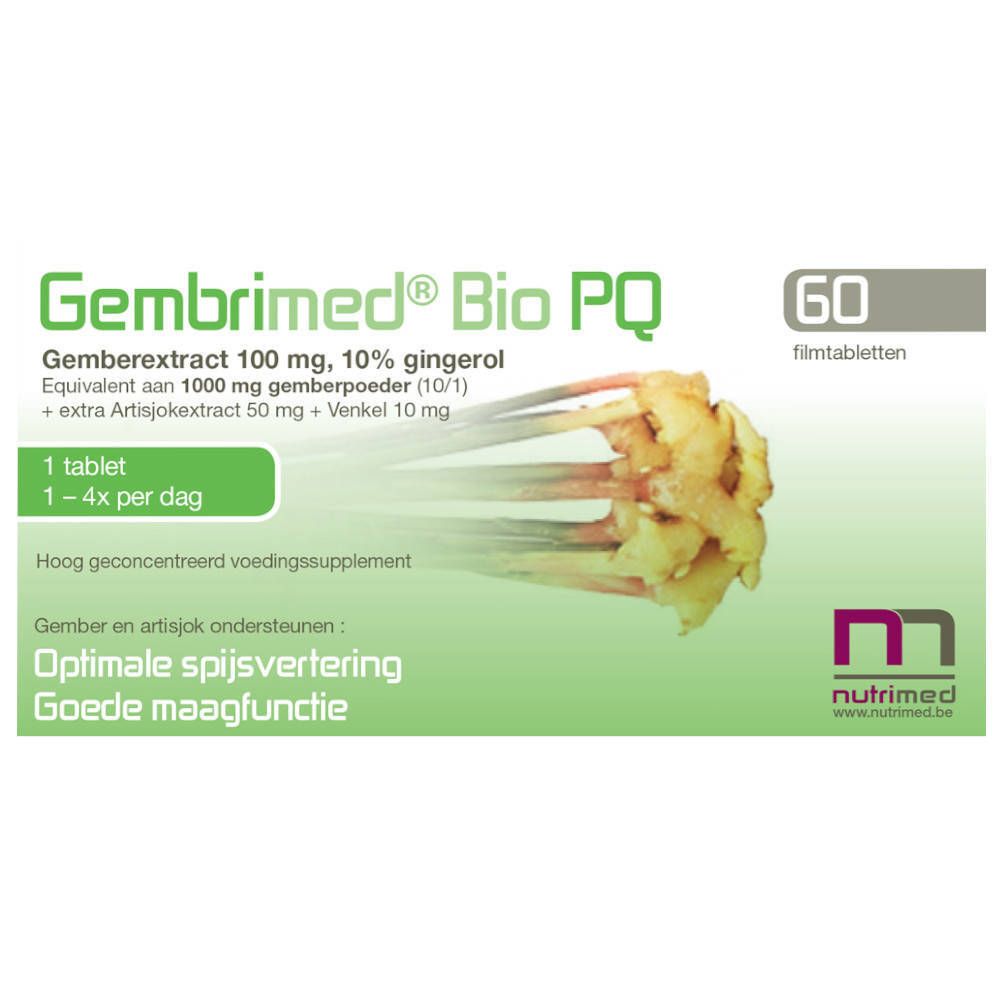 Doos Gembrimed Bio PQ, 60 filmomhulde tabletten. Groen-wit ontwerp. Illustratie van gember.