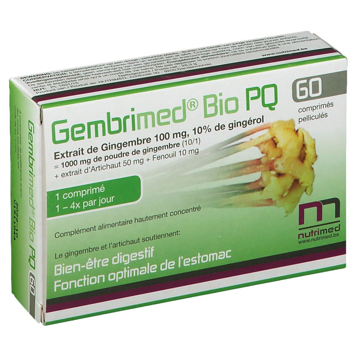 Boîte Gembrimed Bio PQ, 60 comprimés. Design vert et blanc avec nom et ingrédients. Illustration de gingembre.