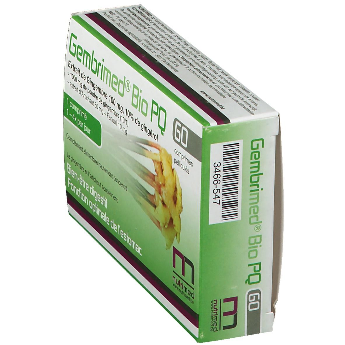 Boîte Gembrimed Bio PQ, 60 comprimés. Design vert et blanc avec nom et ingrédients. Vue latérale.