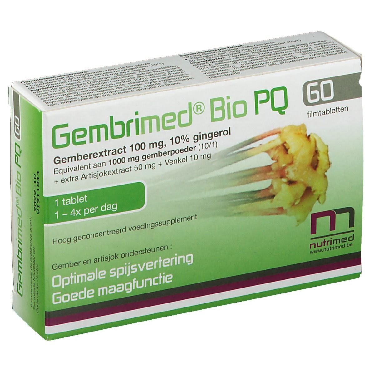 Boîte Gembrimed Bio PQ, 60 comprimés pelliculés. Design vert et blanc. Illustration de gingembre.