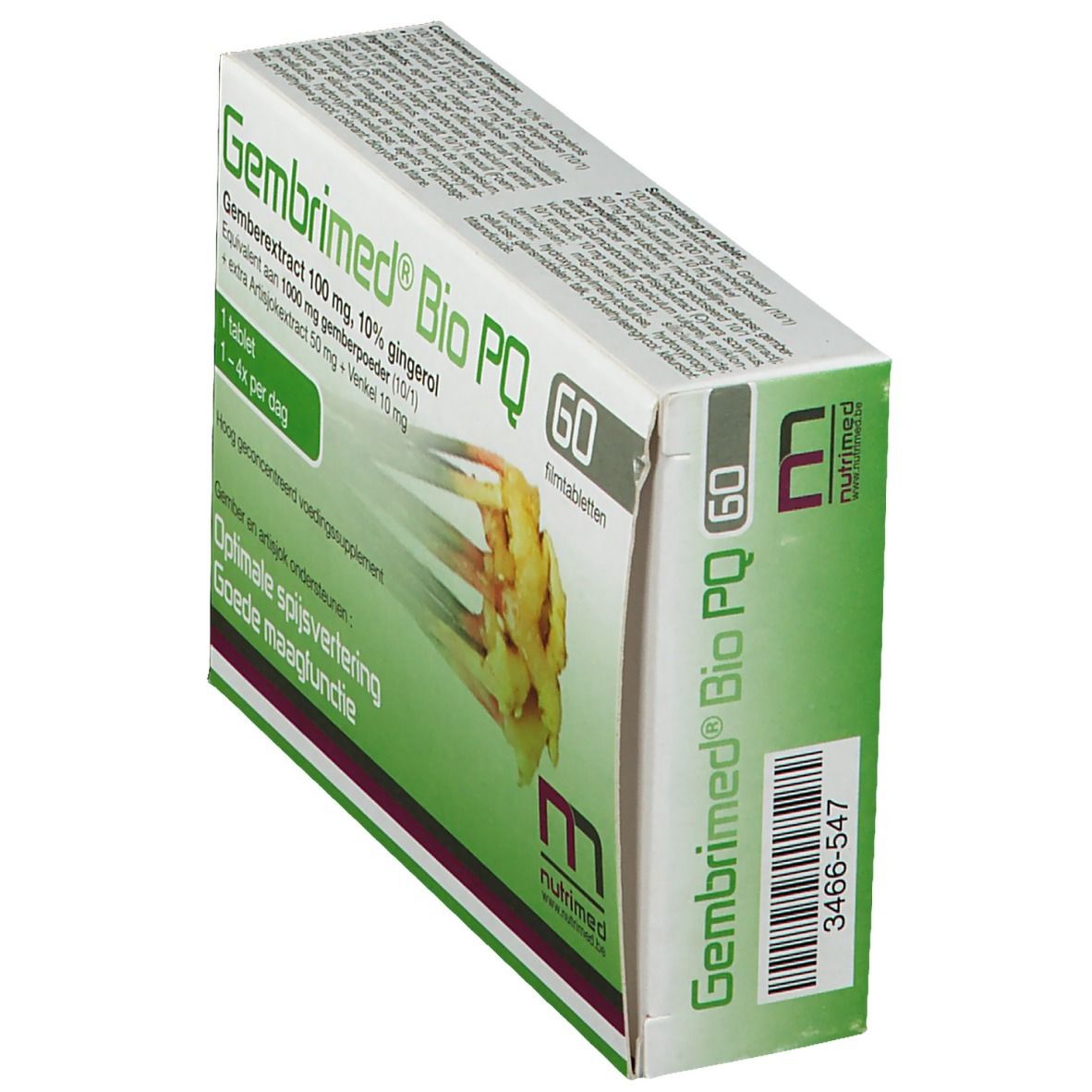 Boîte Gembrimed Bio PQ, 60 comprimés pelliculés. Design vert et blanc. Vue latérale.