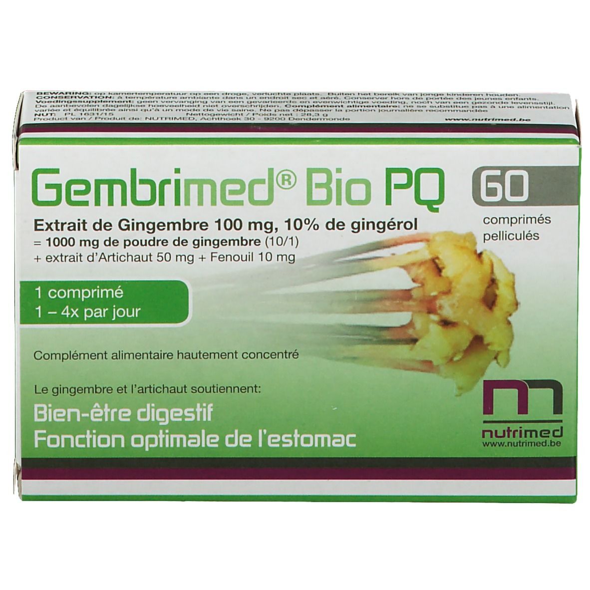 Boîte Gembrimed Bio PQ, 60 comprimés. Design vert et blanc avec nom et ingrédients. Illustration de gingembre.