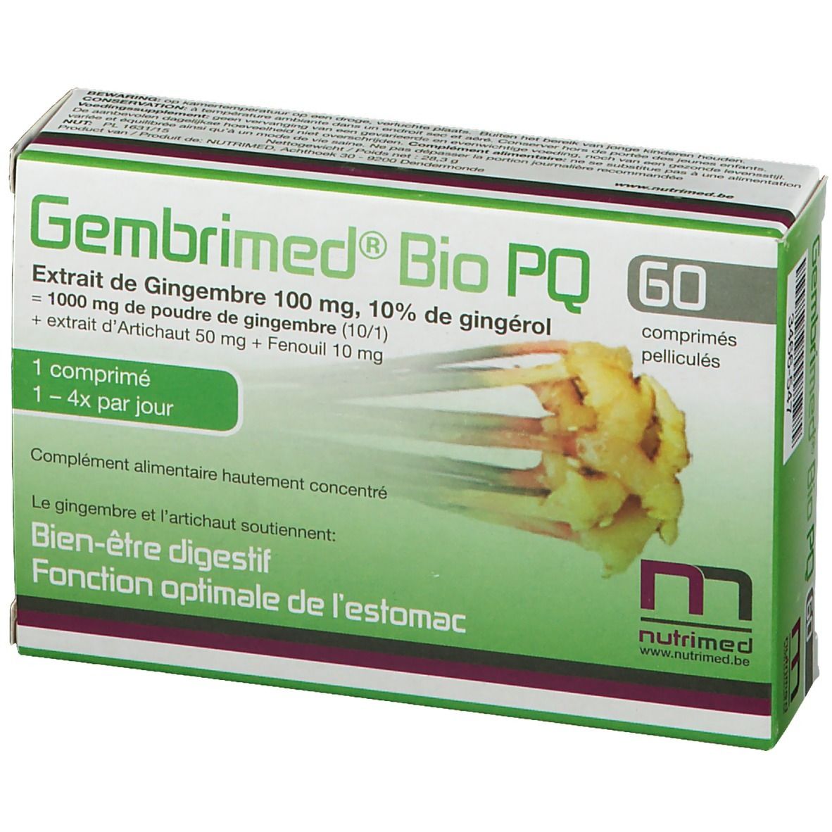 Boîte Gembrimed Bio PQ, 60 comprimés. Design vert et blanc avec nom et ingrédients. Illustration de gingembre.