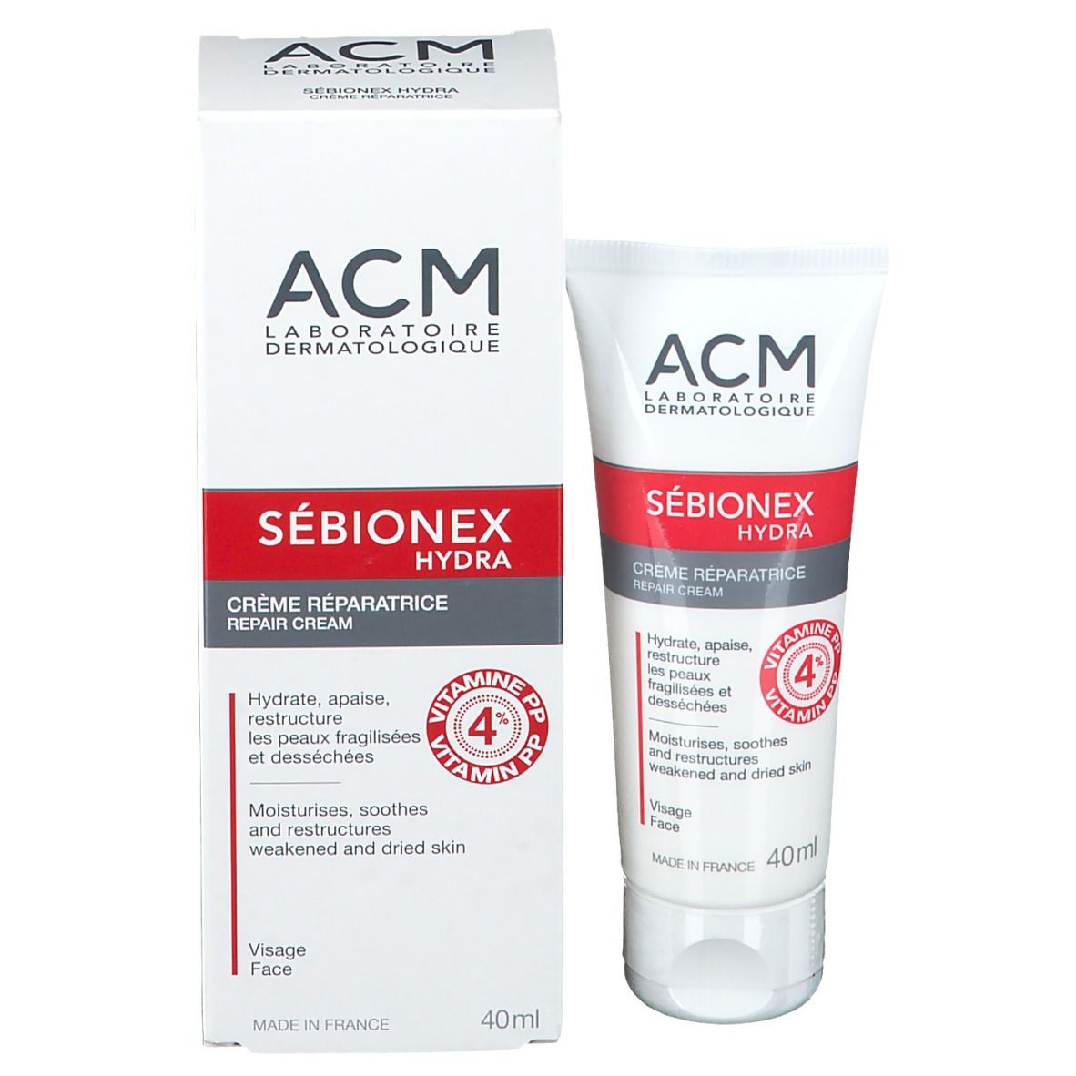 ACM Sébionex Hydra Repair Cream Tube und Karton, 40ml. Enthält Vitamin PP.