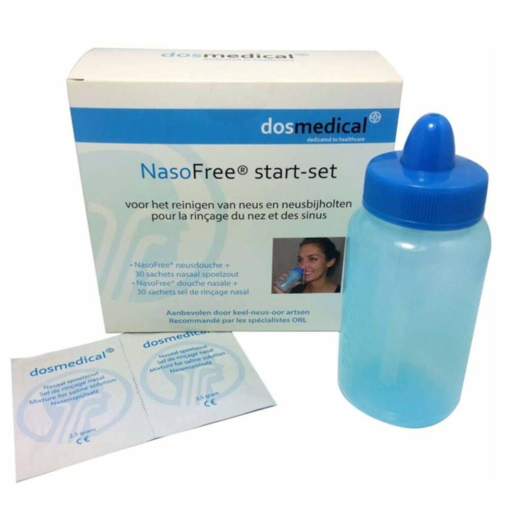 Ensemble NasoFree Start. Boîte, flacon bleu, deux sachets. Inscription : dosmedical, NasoFree start-set.