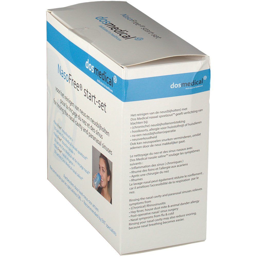 Emballage NasoFree Start. Inscription : dosmedical, NasoFree start-set. Texte multilingue. Image d'une femme.