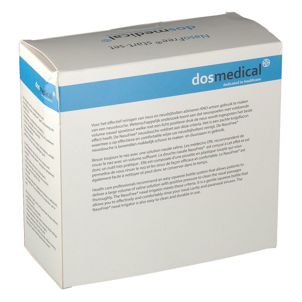 Emballage NasoFree Start. Inscription : dosmedical, NasoFree start-set. Texte multilingue. Emballage blanc et bleu.