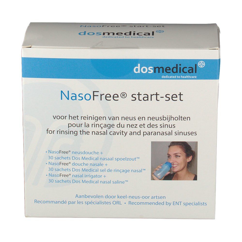 Emballage NasoFree Start. Inscription : dosmedical, NasoFree start-set. Texte multilingue. Image d'une femme.