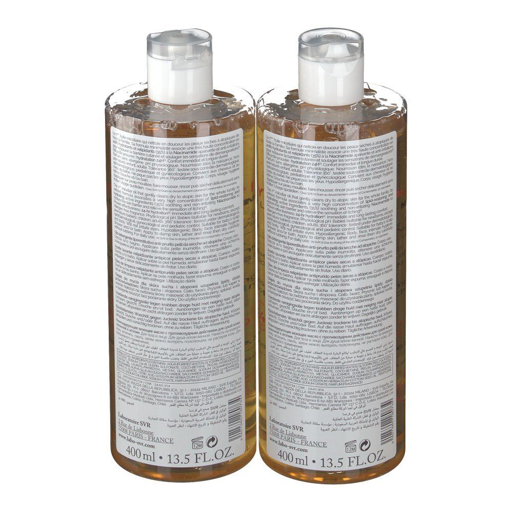 Vue arrière de deux flacons SVR Topialyse Huile Micellaire. Étiquettes avec texte. En bas: 400 ml, 13.5 FL.OZ.