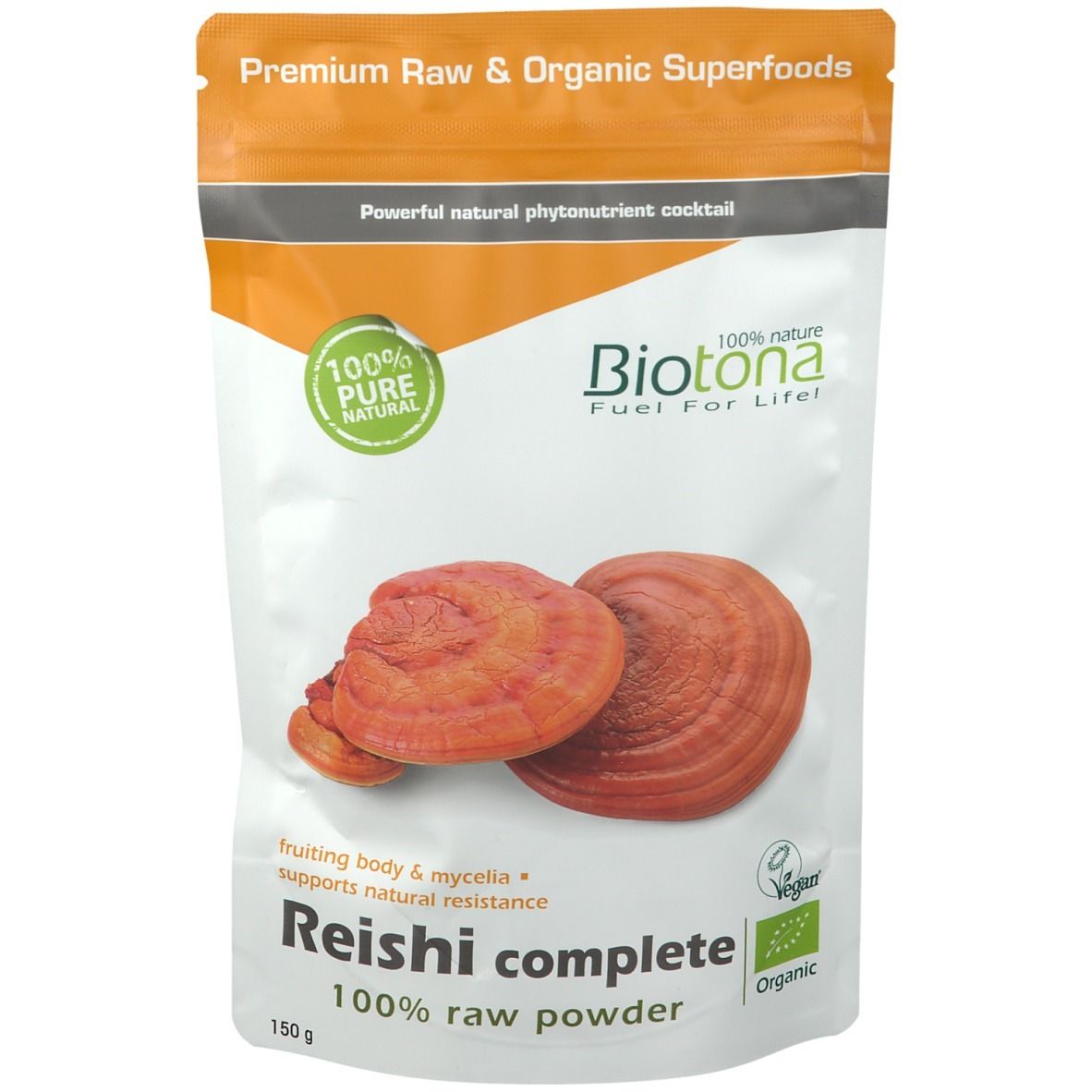 Biotona Reishi Komplett Bio. Zakje poeder, twee paddenstoelen afgebeeld. Opschrift: 100% Pure Natural, Vegan, Organic.