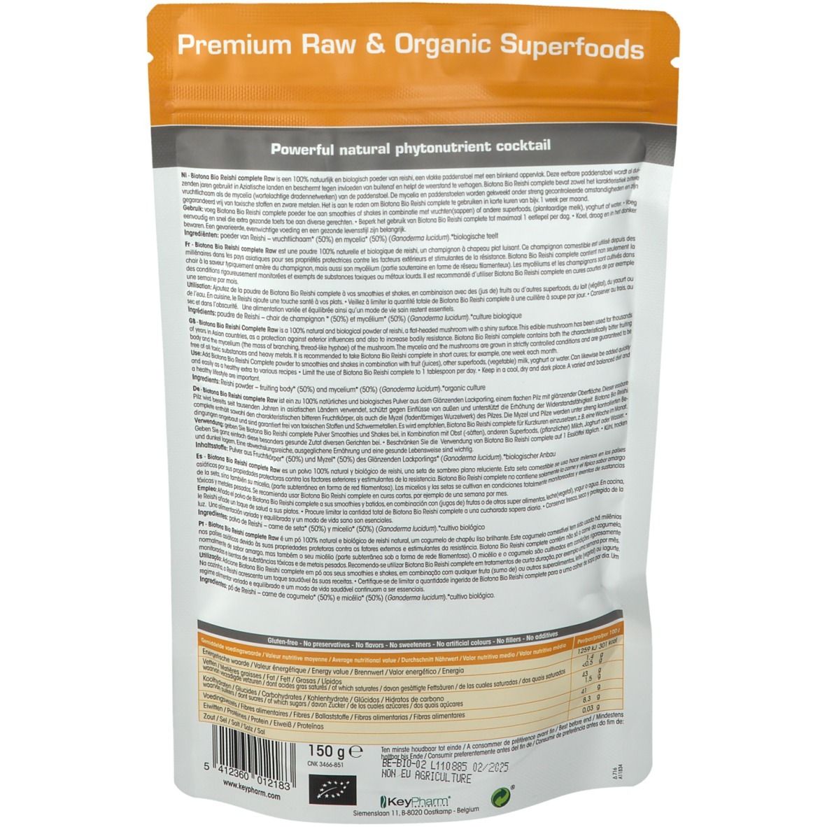 Achterkant van de verpakking Biotona Reishi Komplett Bio. Tekst in meerdere talen. Opschrift: 150 g, Vegan, Organic.