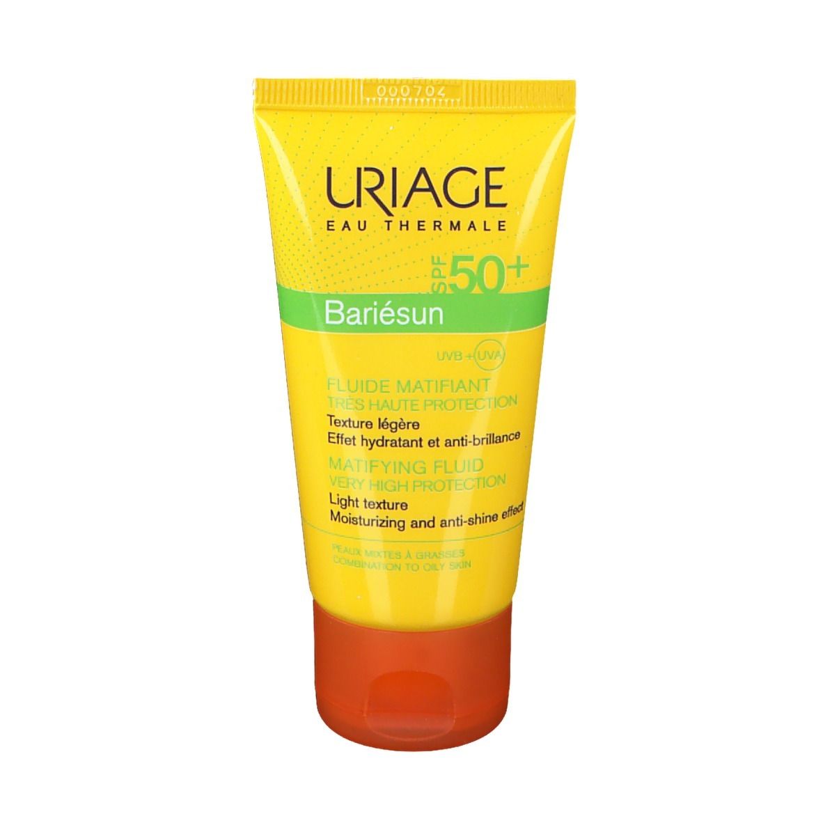 Gele tube Uriage Eau Thermale Bariesun Mat Fluide SPF50+. Groene streep, oranje dop. Tekst.