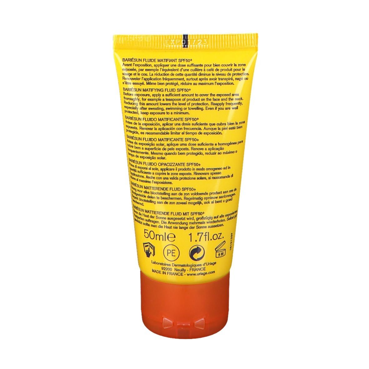 Achterkant van de gele tube Uriage Bariesun Mat Fluide SPF50+. Tekst in meerdere talen.