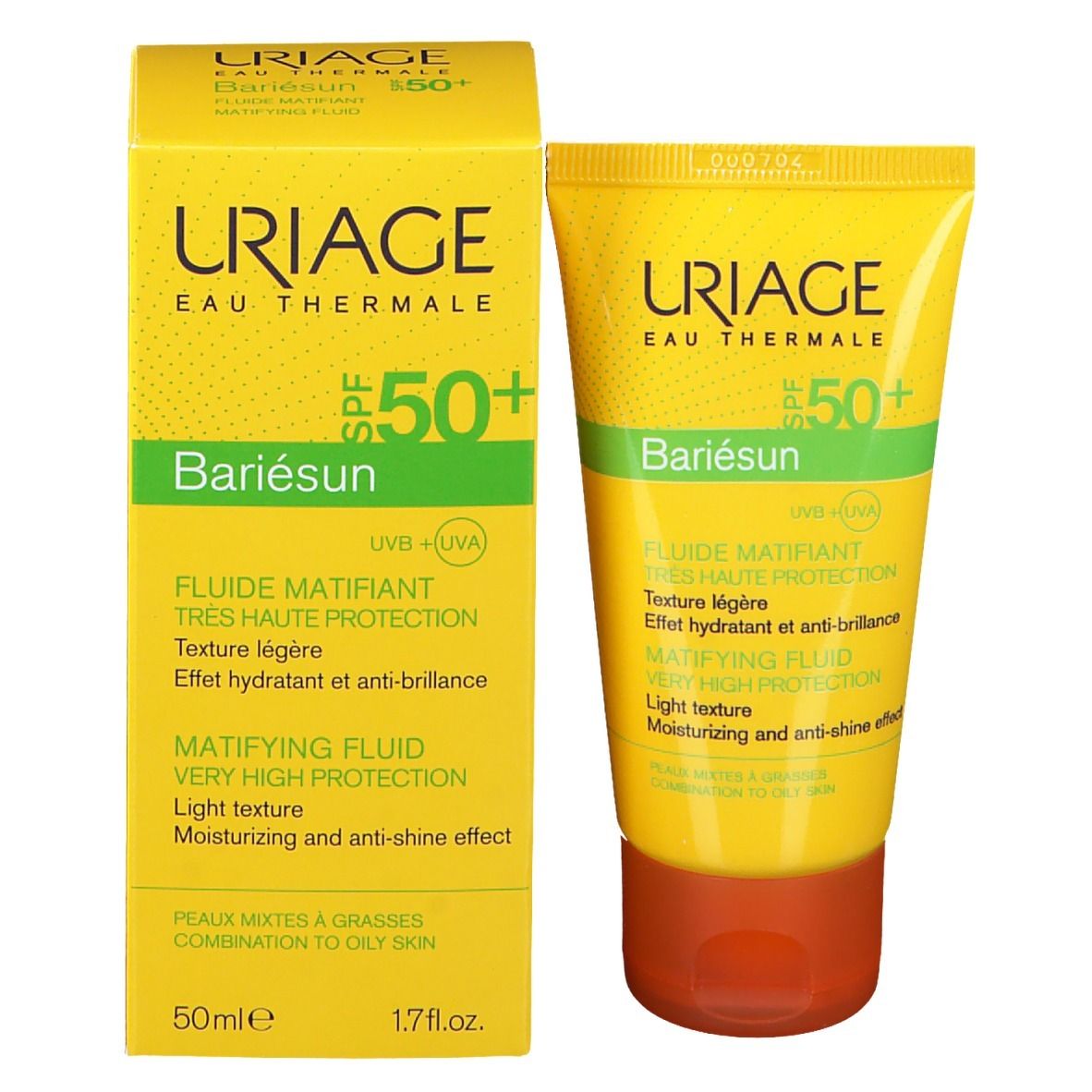 Uriage Bariesun Mat Fluide SPF50+ en doos. Geel, groen, wit. Tekst.