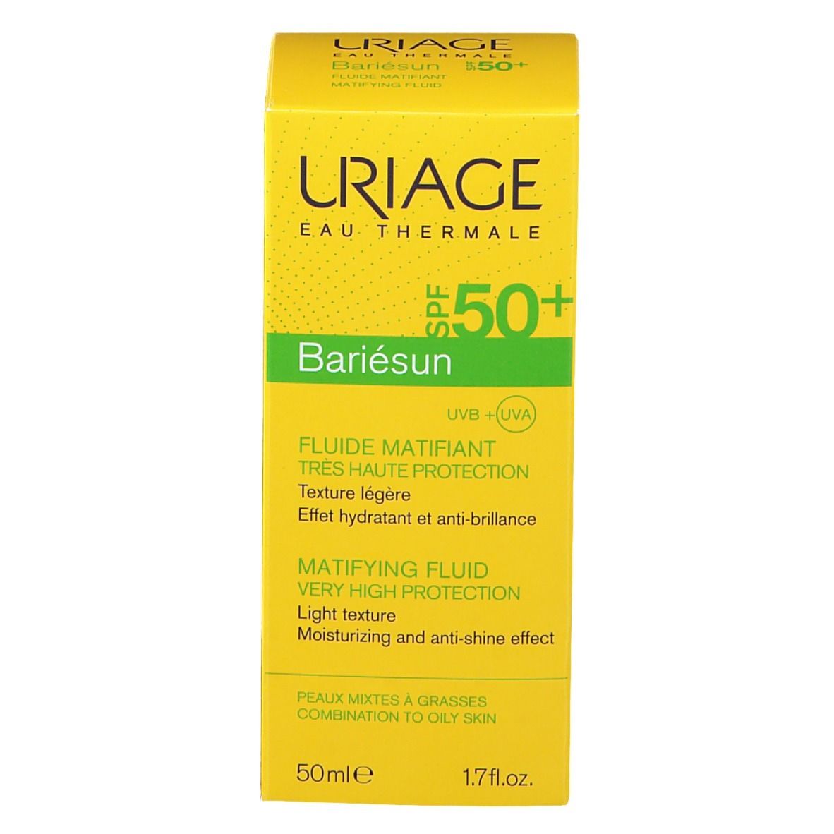 Gele doos Uriage Bariesun Mat Fluide SPF50+. Tekst.