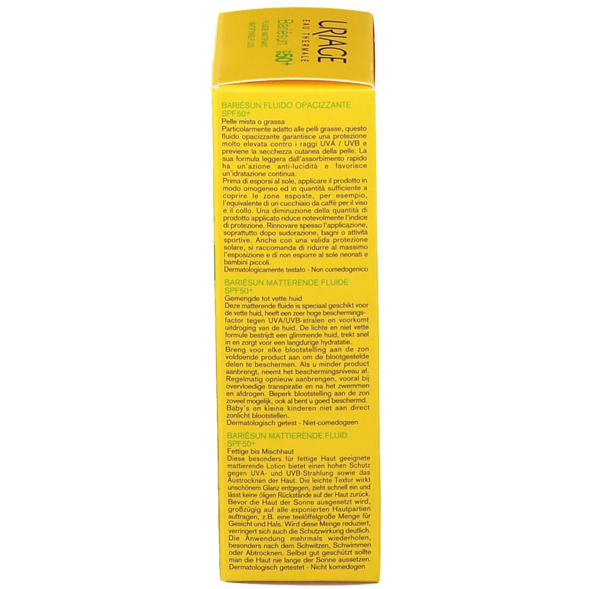 Achterkant van de gele doos Uriage Bariesun Mat Fluide SPF50+. Tekst in meerdere talen.