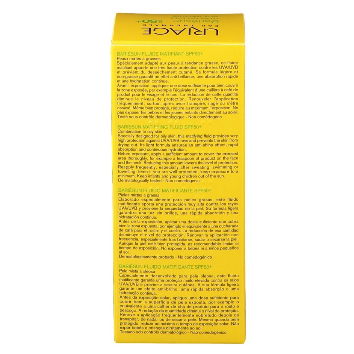Achterkant van de gele doos Uriage Bariesun Mat Fluide SPF50+. Tekst in meerdere talen.