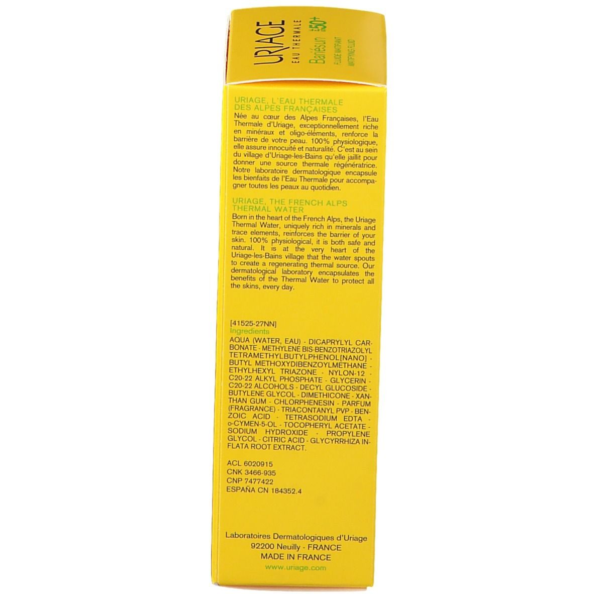 Achterkant van de gele doos Uriage Bariesun Mat Fluide SPF50+. Tekst in meerdere talen.